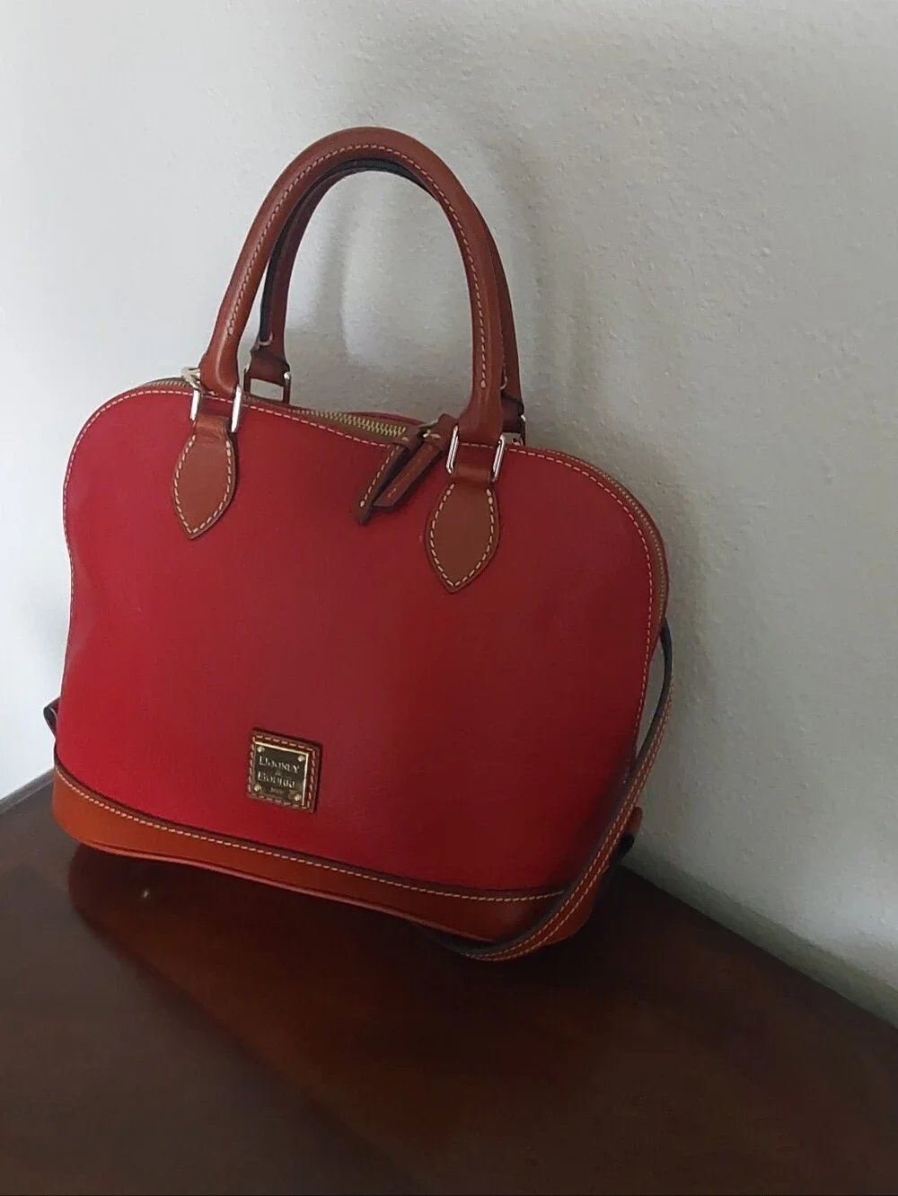 Dooney & Bourke Red Leather Satchel‎ with Tan Trim and Gold Hardware